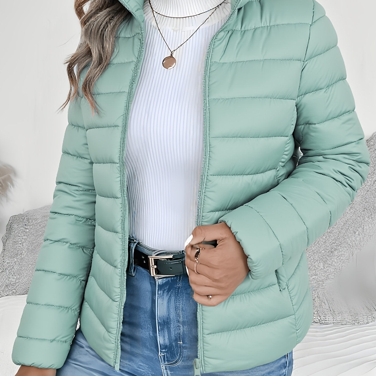 Women's lightweight puffer jacket with stand collar - view 8