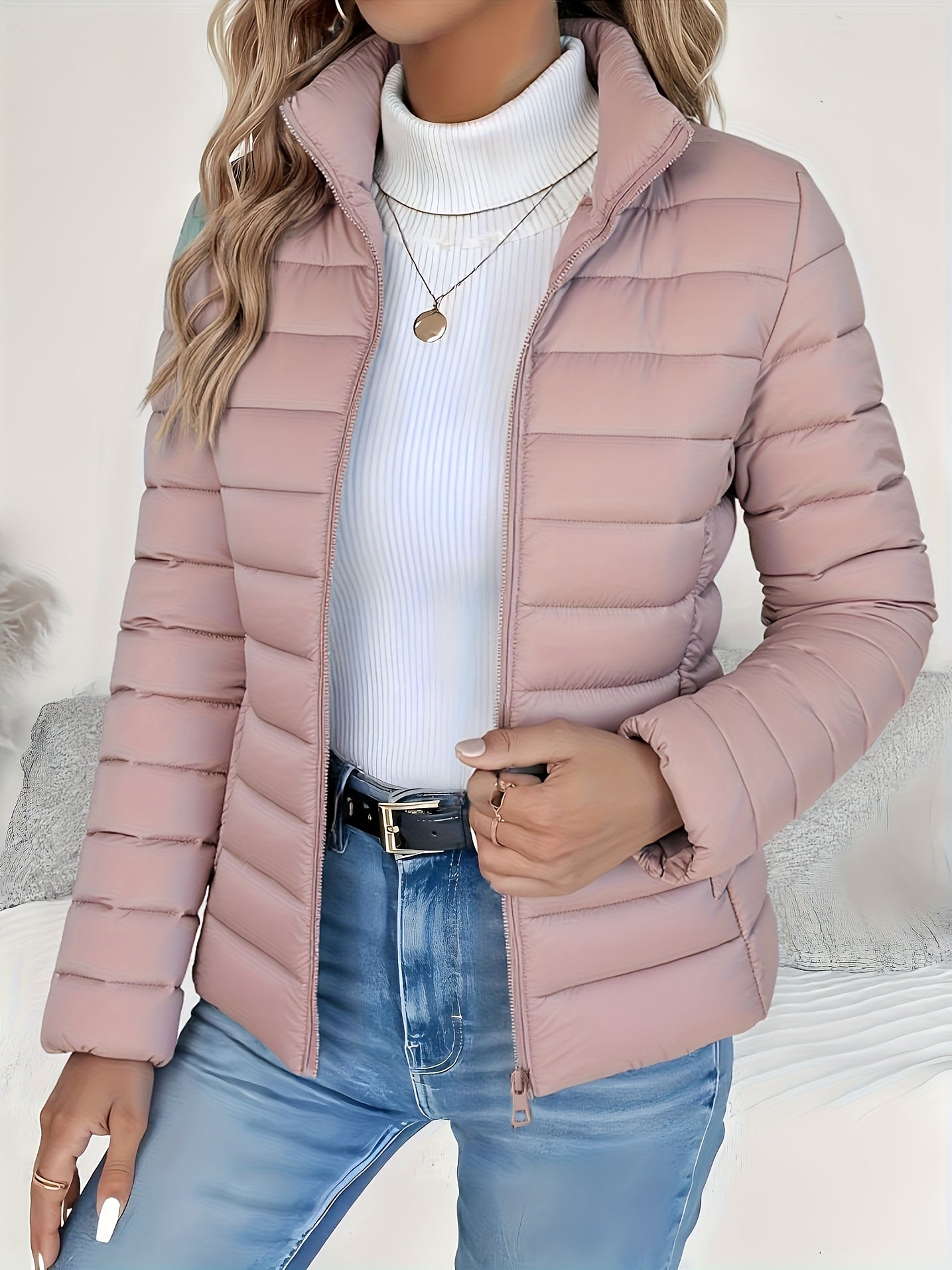Women's lightweight puffer jacket with stand collar - view 9