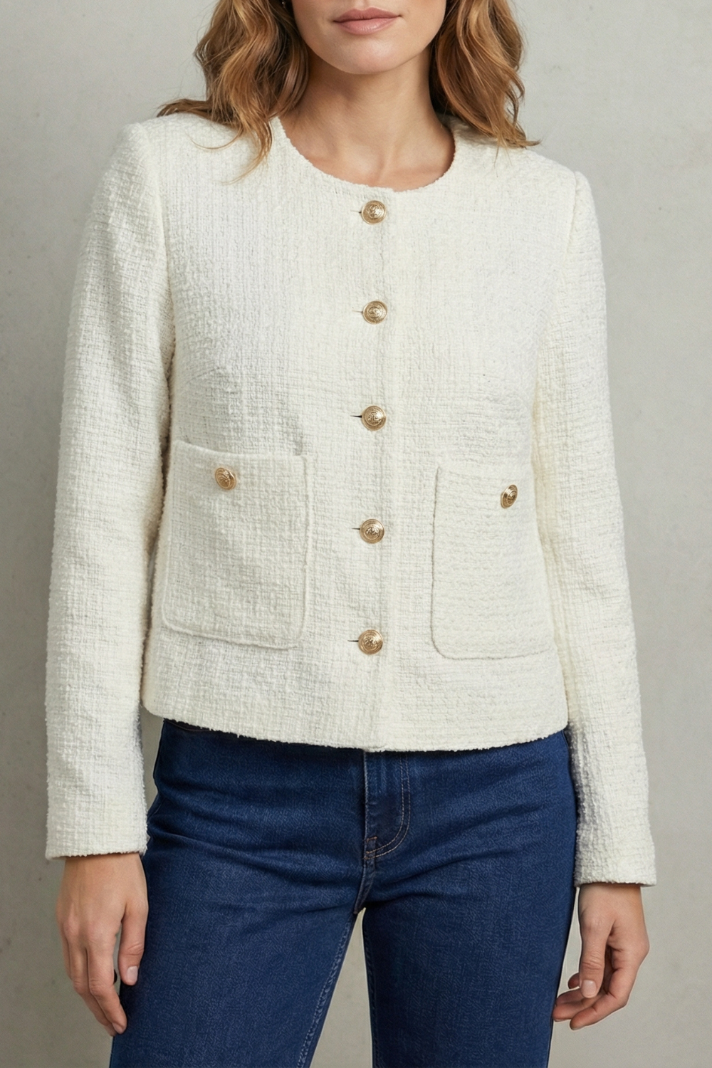Women's cropped round-neck blazer with gold buttons - view 5