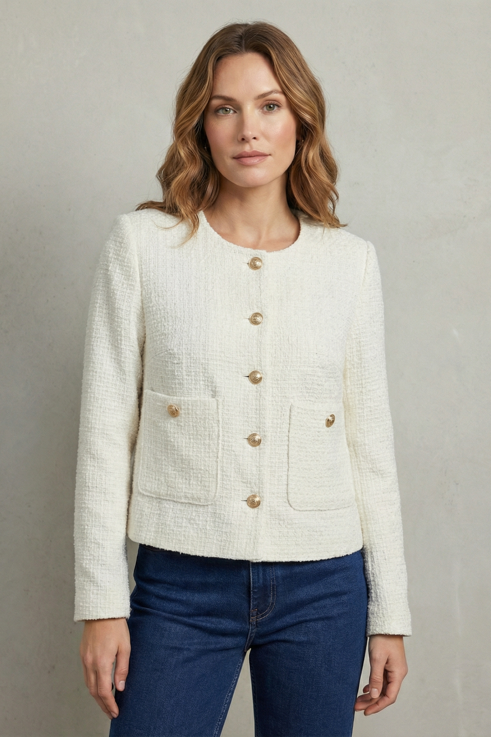 Women's cropped round-neck blazer with gold buttons - view 6