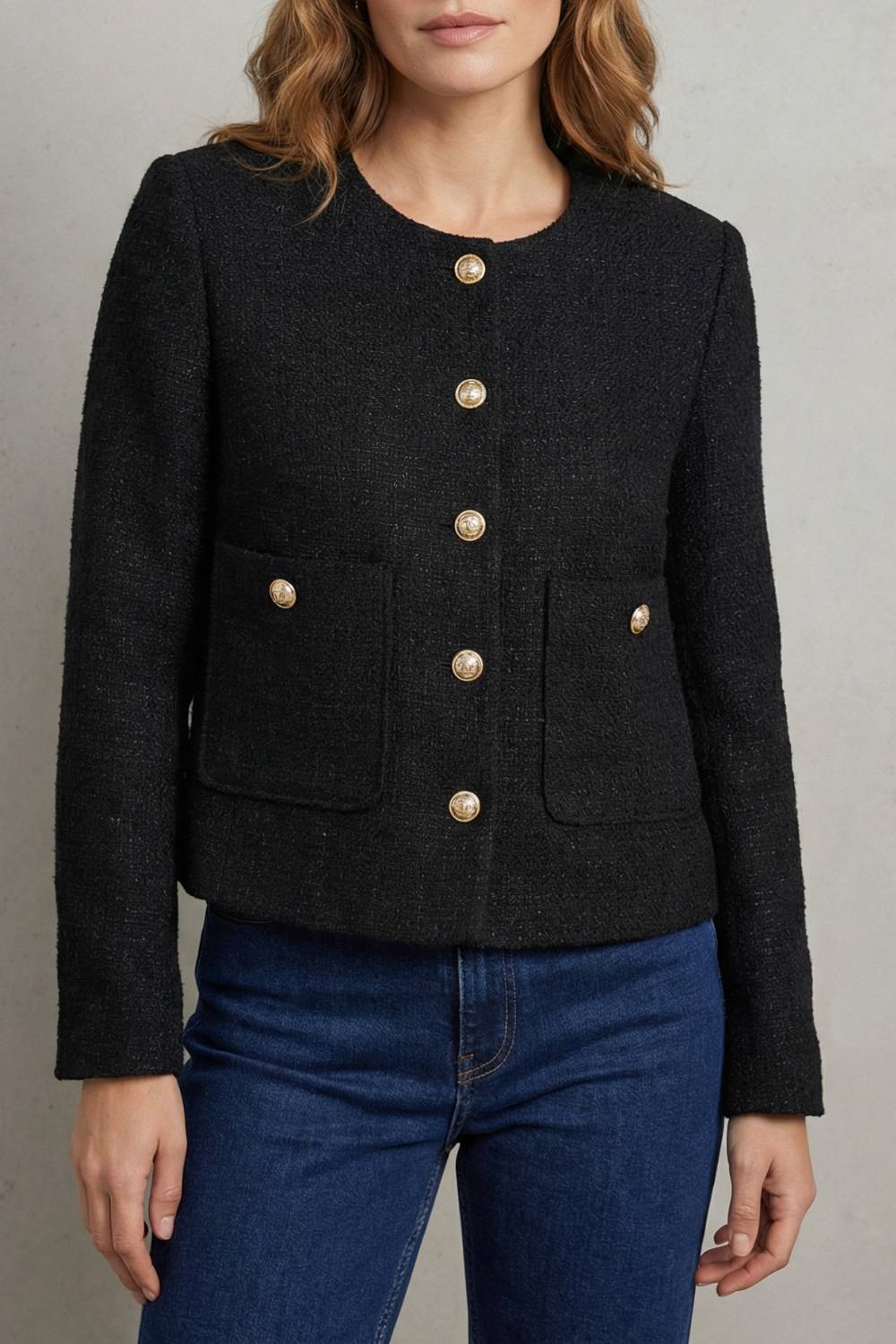Women's cropped round-neck blazer with gold buttons - view 4