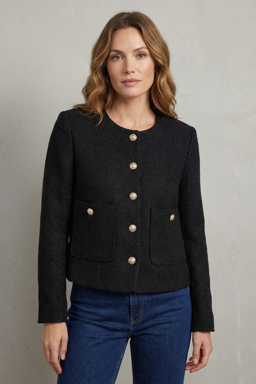 Women's cropped round-neck blazer with gold buttons
