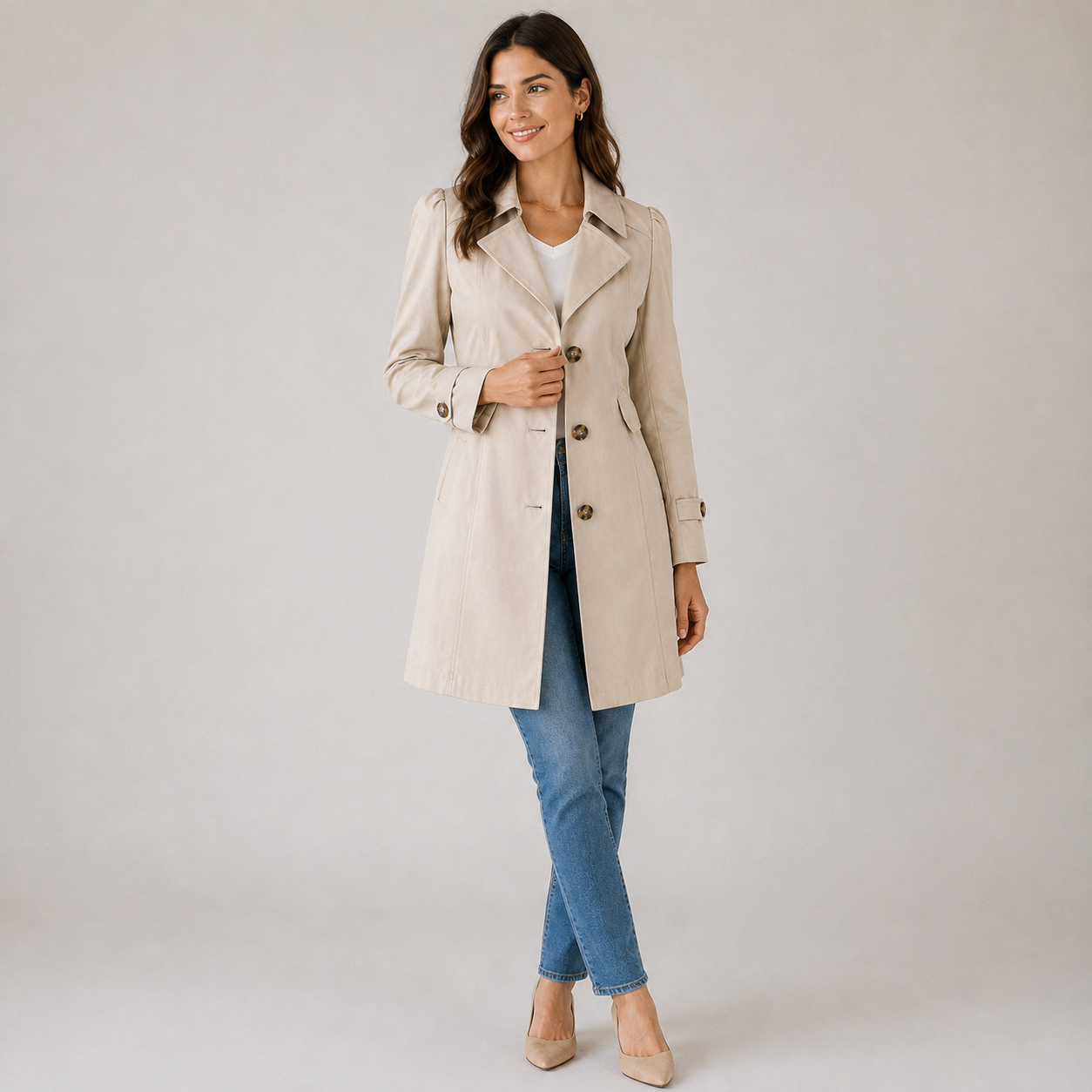 Women's short tailored button-front trench coat