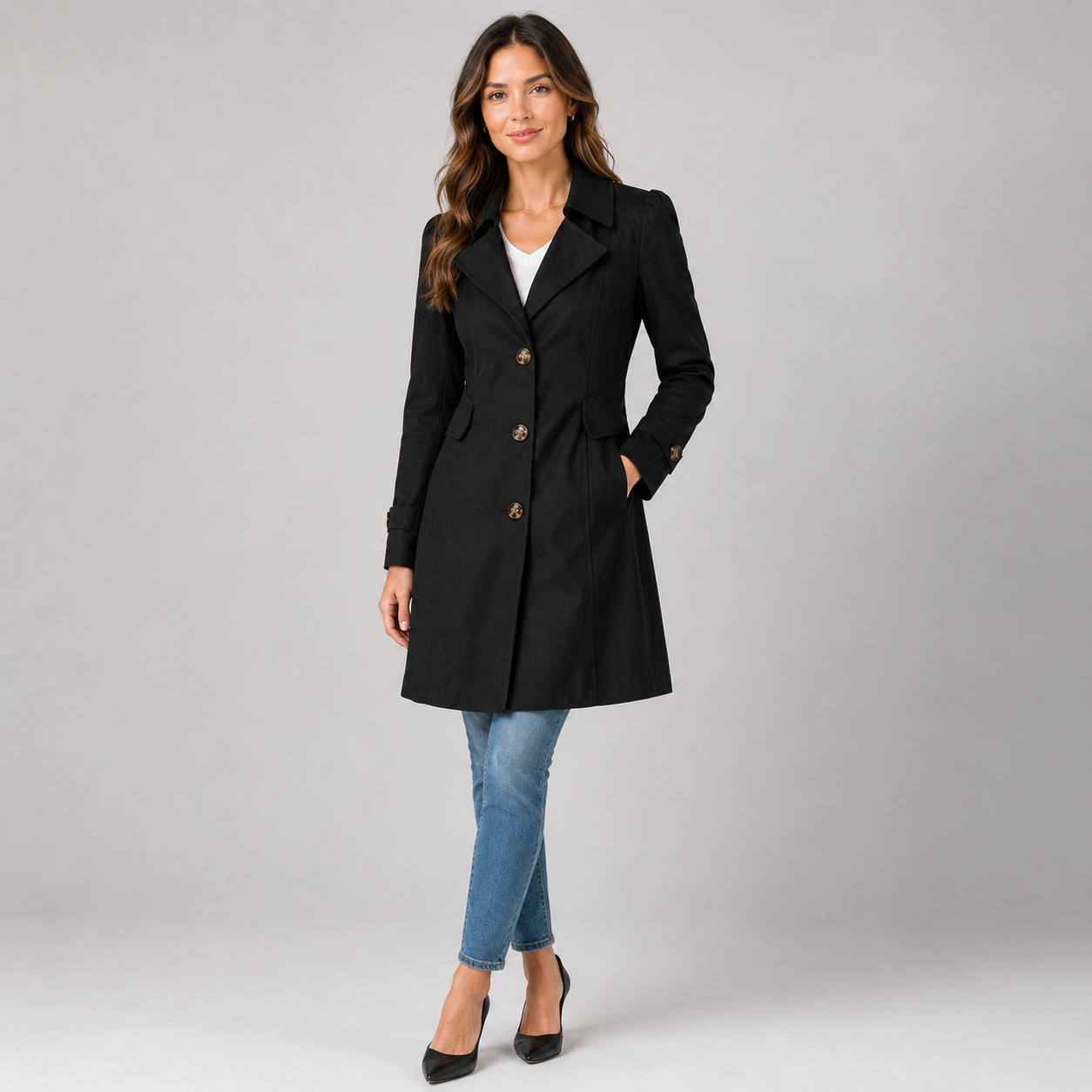 Women's short tailored button-front trench coat - view 4