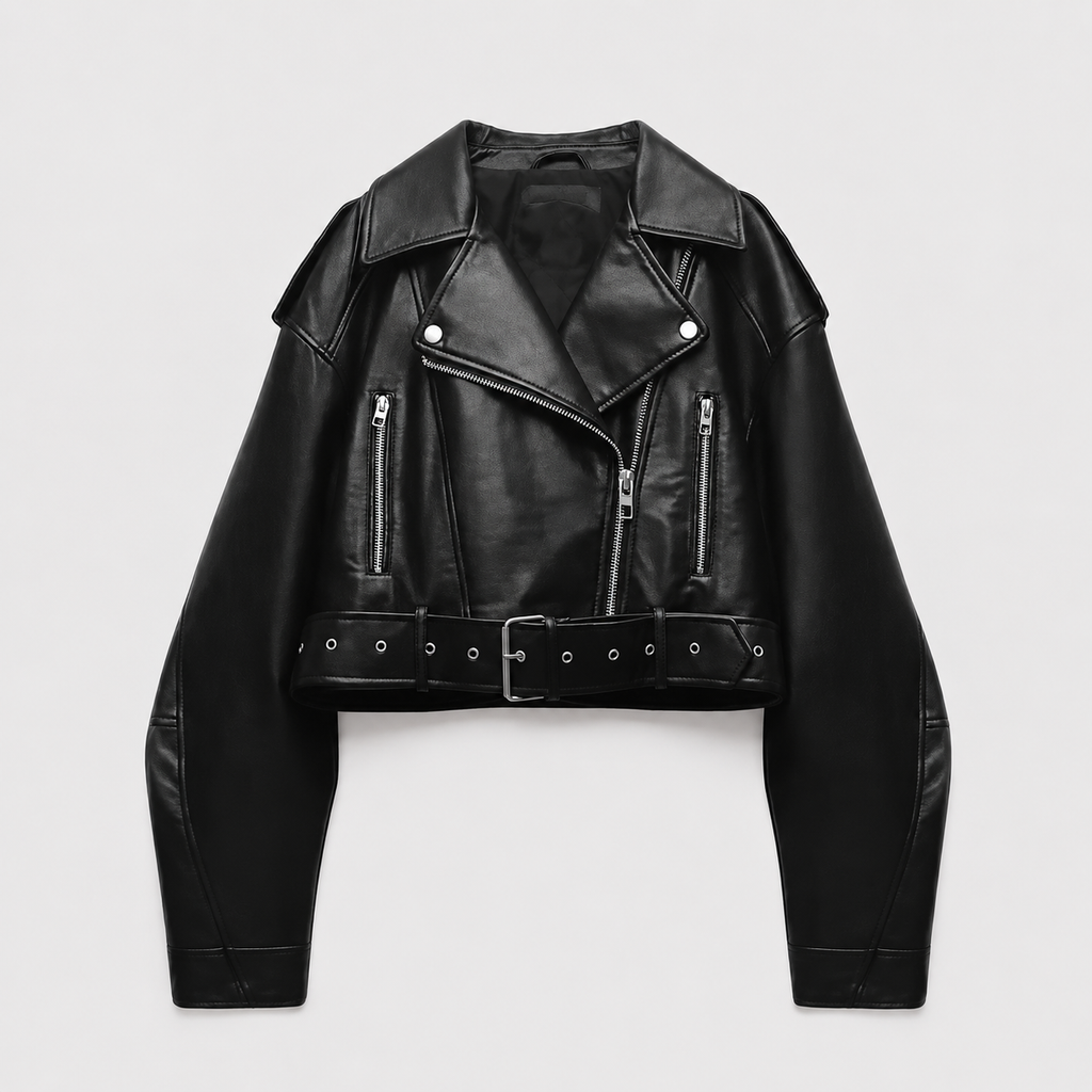 Women's leather-look belted biker jacket - view 3