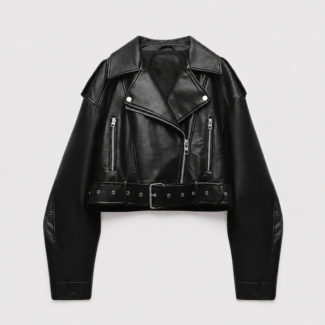 Women's leather-look belted biker jacket - view 3