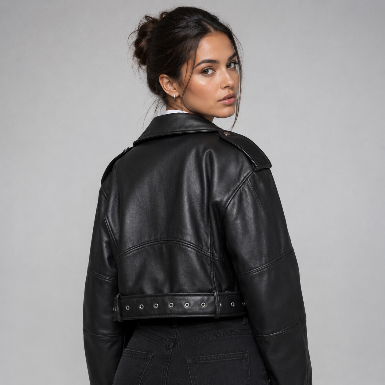 Women's leather-look belted biker jacket - view 2