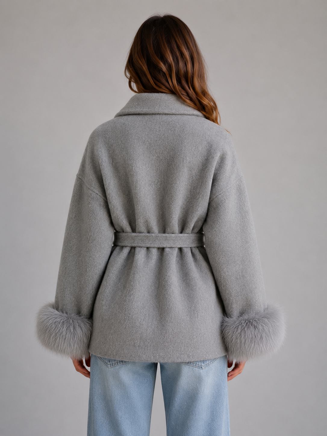 Women's belted wool-blend wrap coat with faux fur trim - view 2