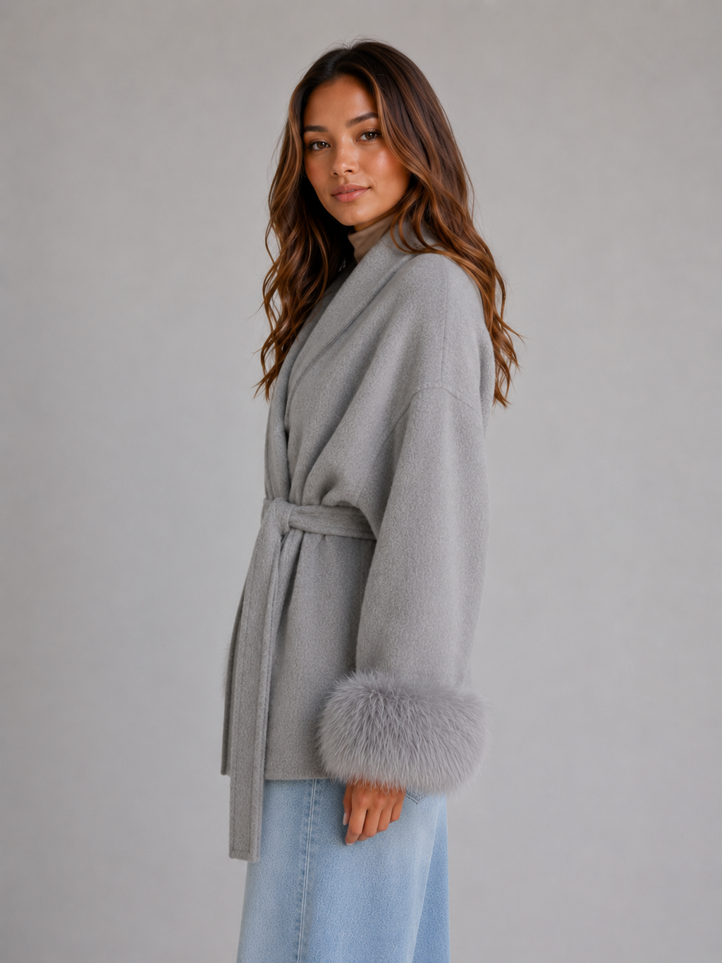 Women's belted wool-blend wrap coat with faux fur trim - view 3