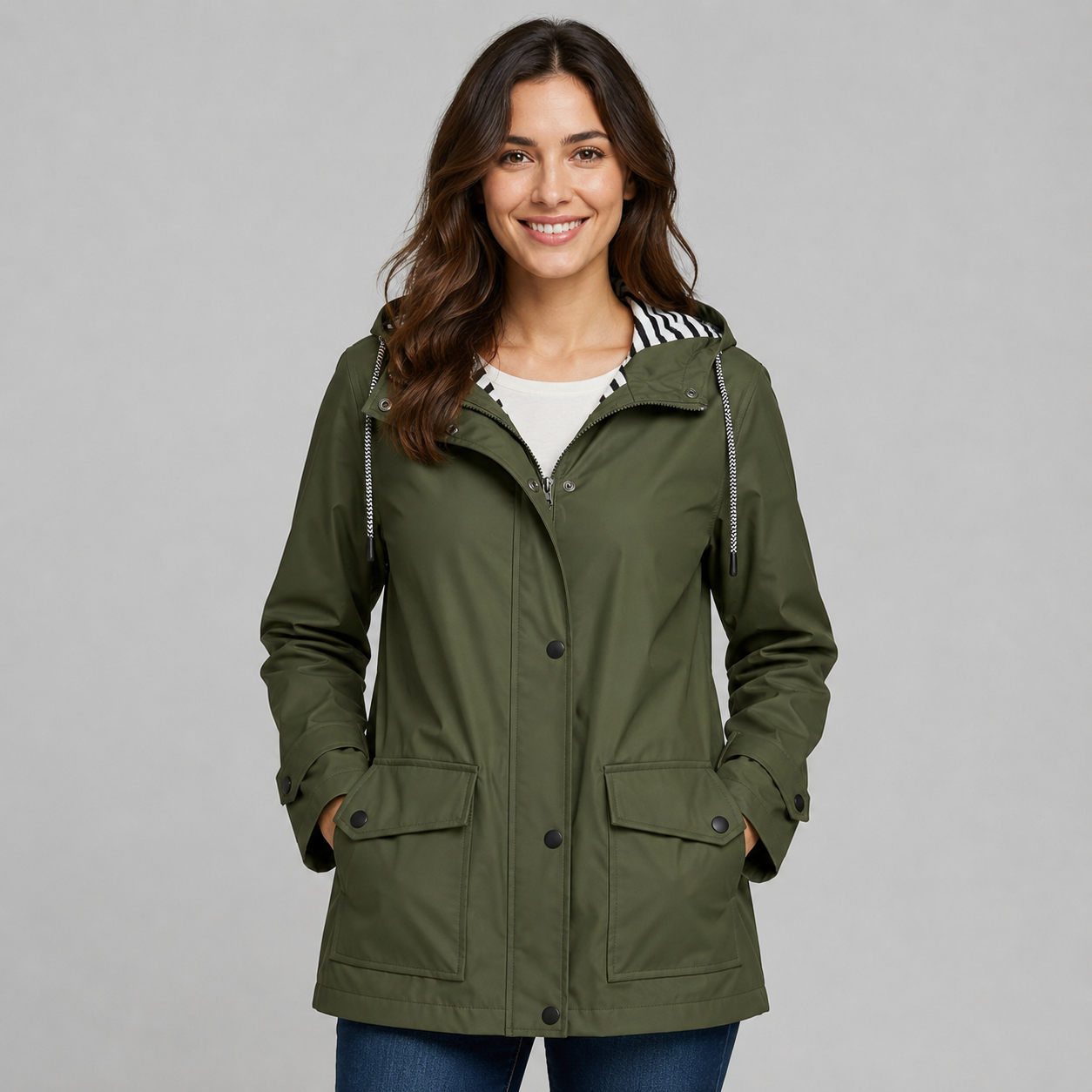 Women's hooded trench coat with button front