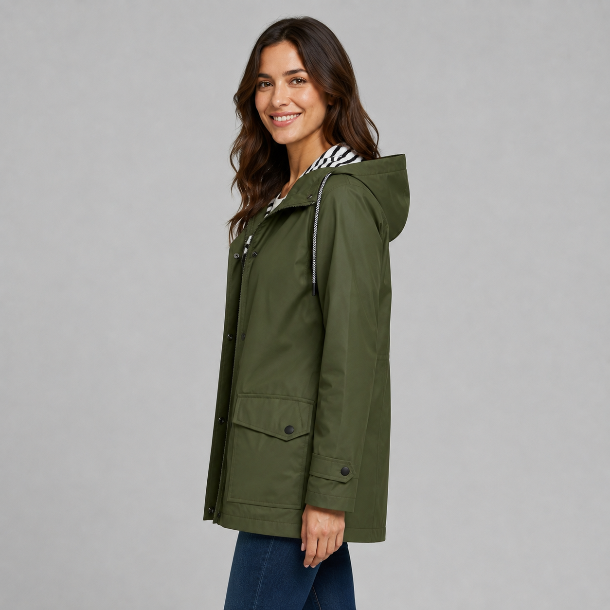 Women's hooded trench coat with button front - view 3