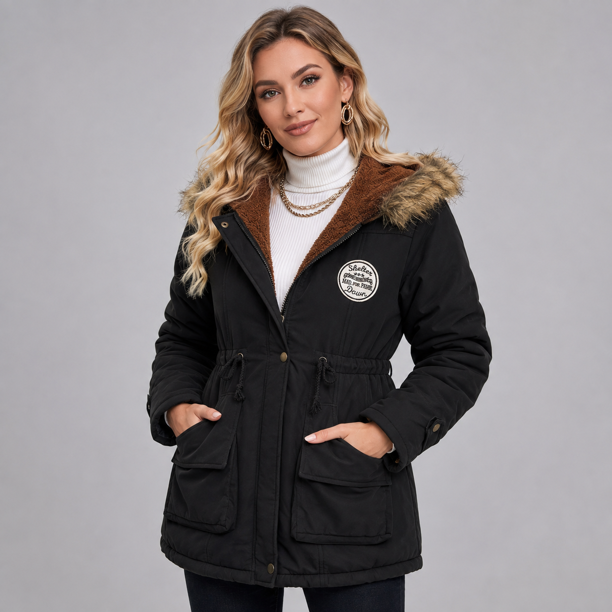 Women's mid-length hooded parka jacket