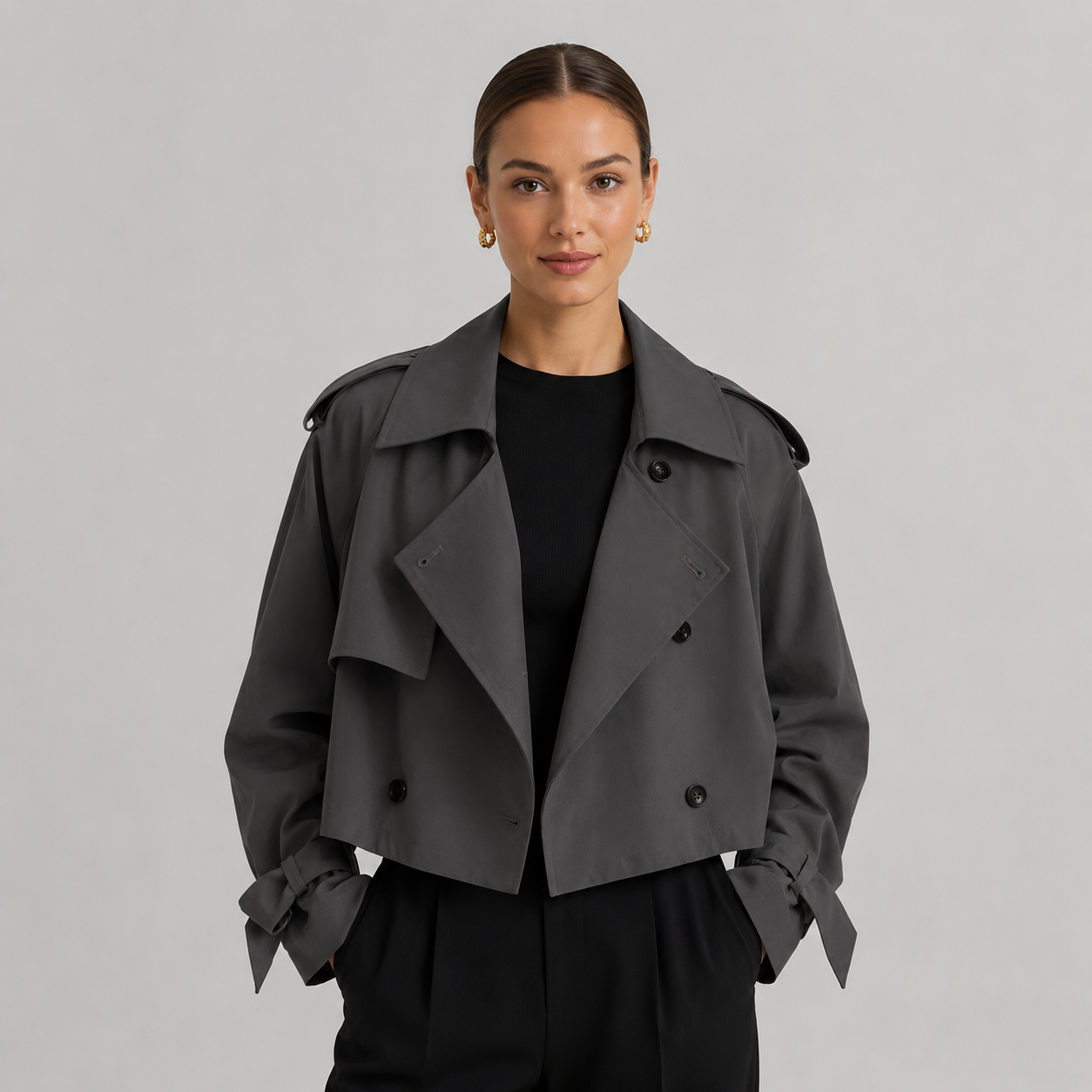 Women's cropped double-breasted trench coat - view 5
