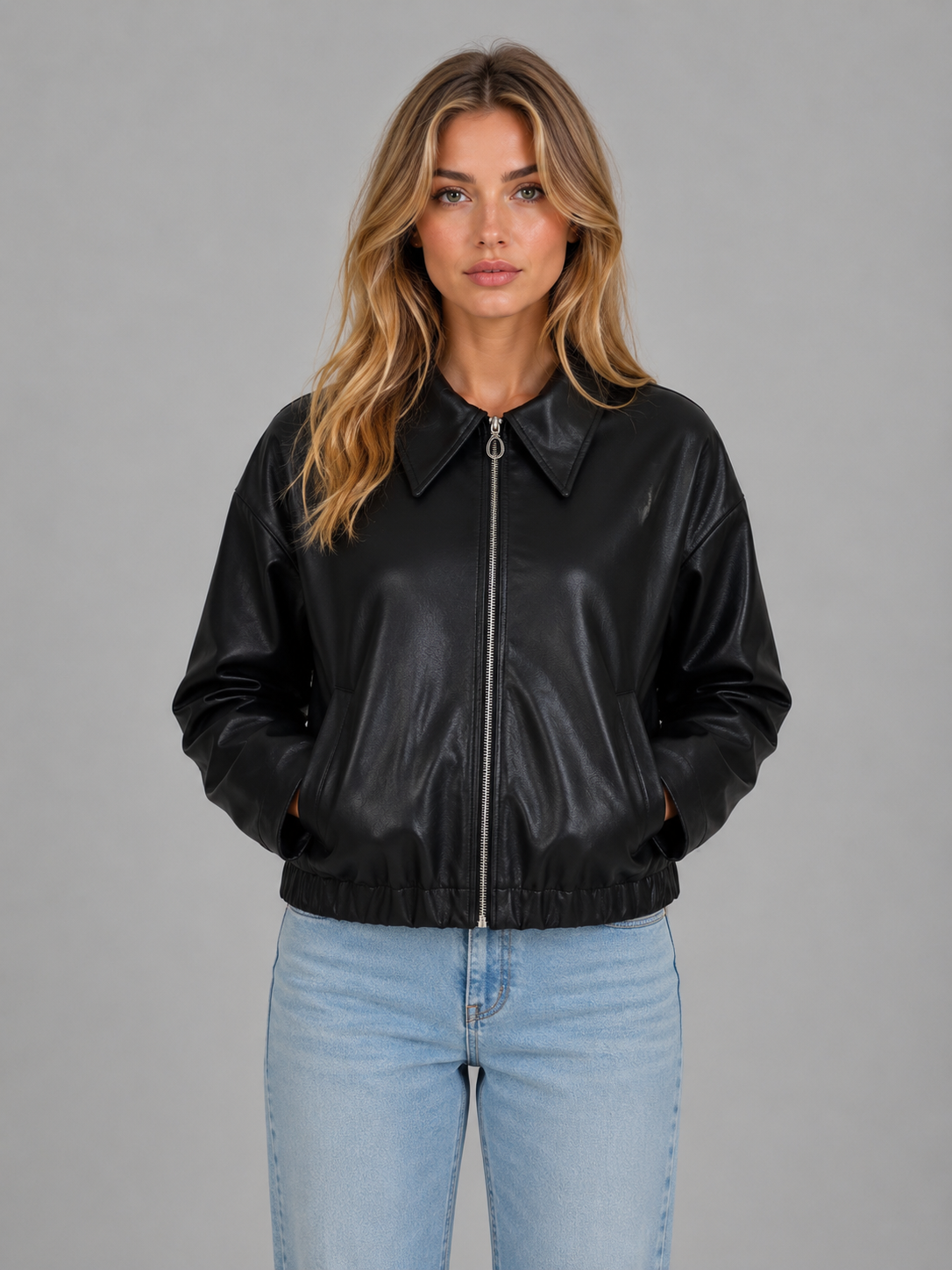 Women's leather-look cropped zip jacket - view 5