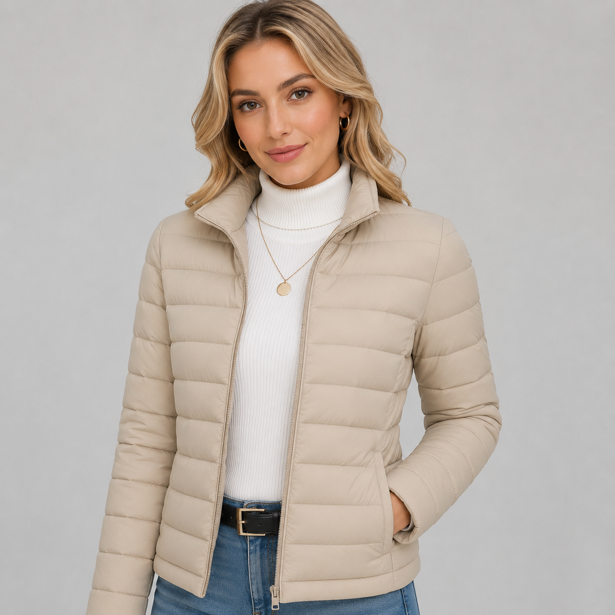Women's lightweight puffer jacket with stand collar - view 3