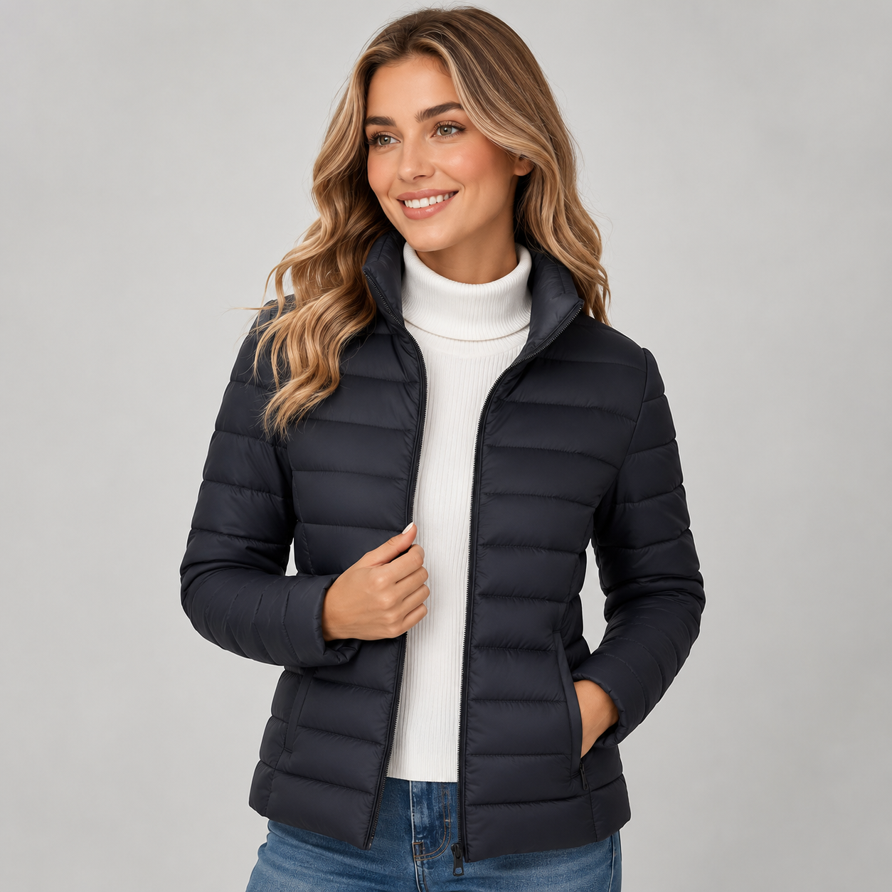 Women's lightweight puffer jacket with stand collar