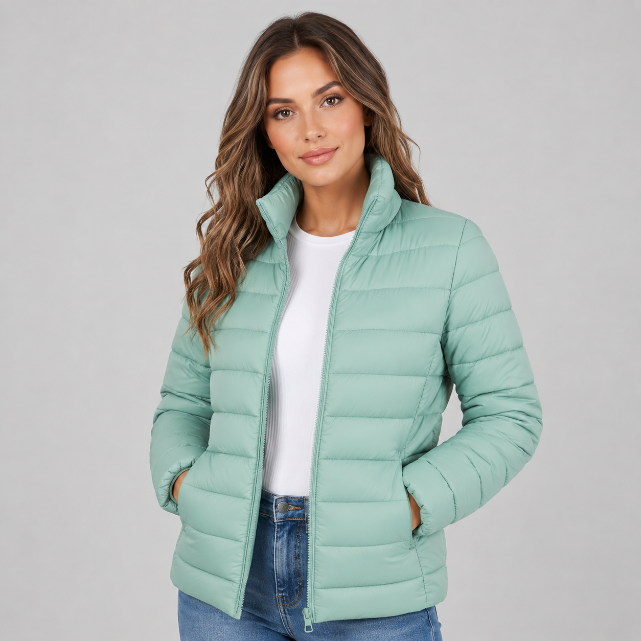 Women's lightweight puffer jacket with stand collar - view 6