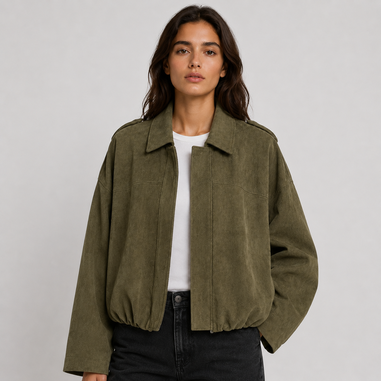 Women's faux suede bomber jacket with fold-over collar