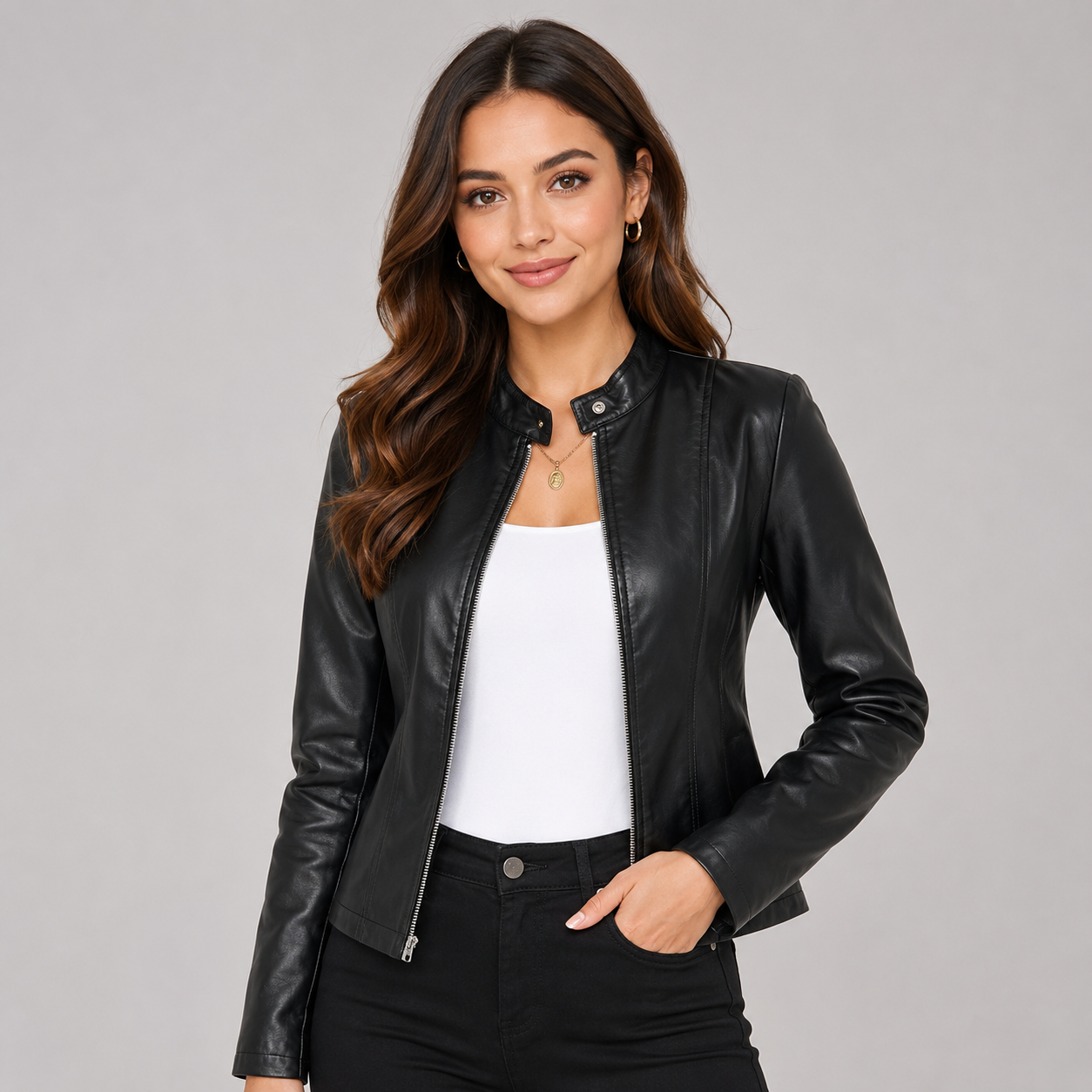 Women's faux leather biker jacket with zip front