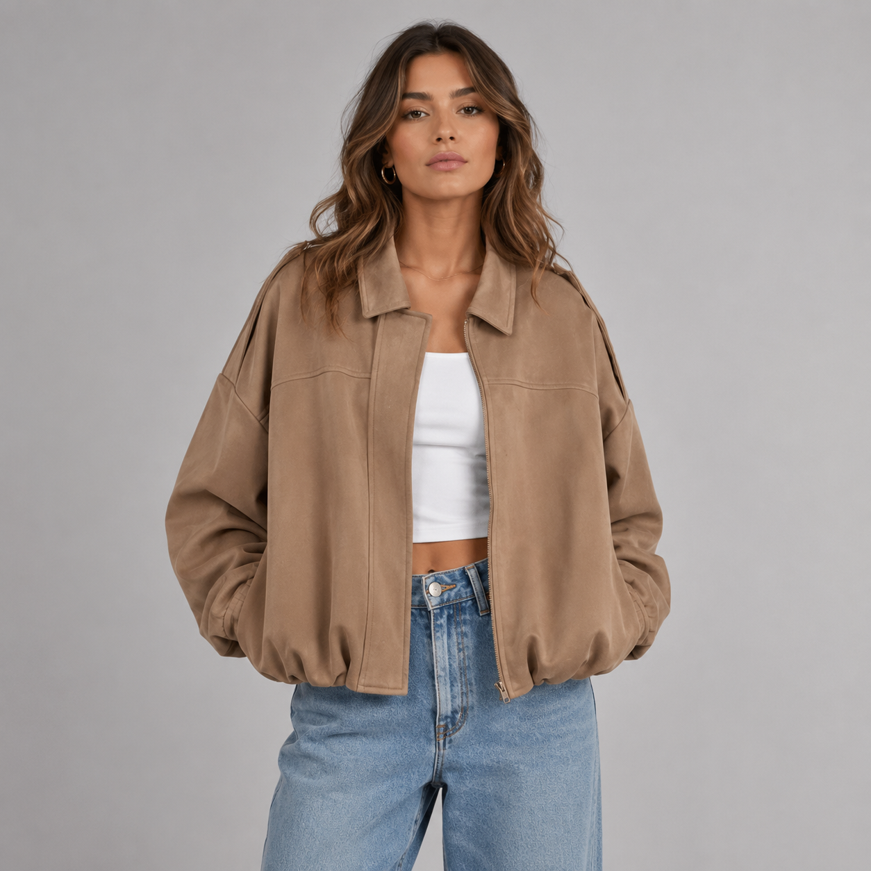 Women's faux suede bomber jacket with fold-over collar - view 7