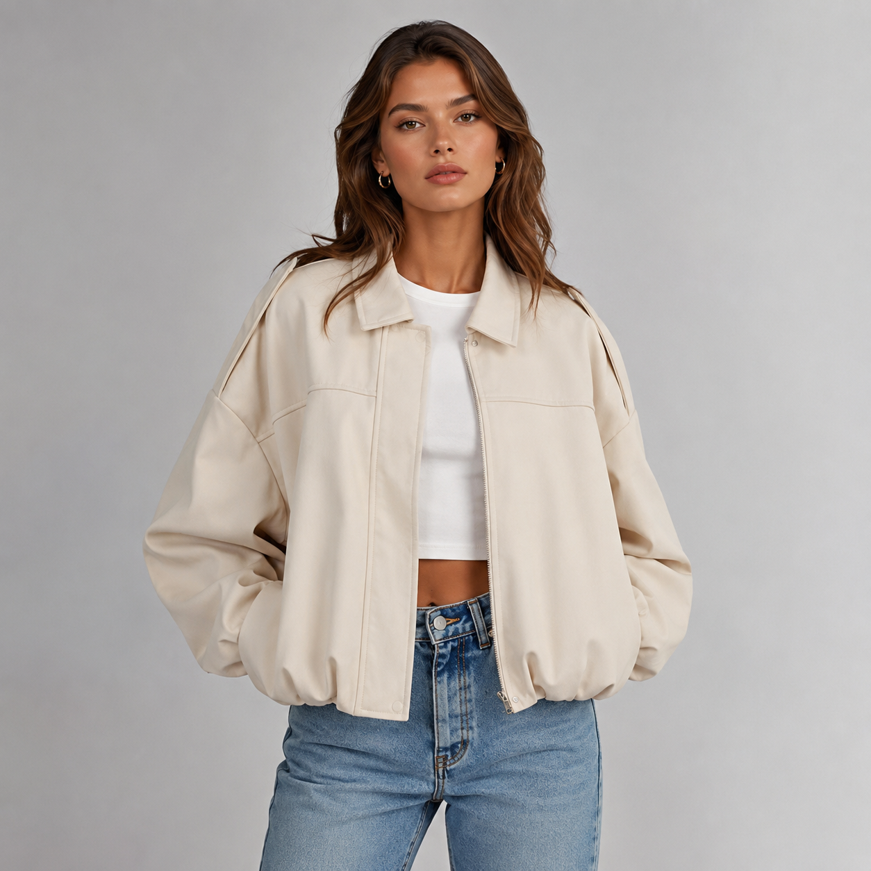 Women's faux suede bomber jacket with fold-over collar - view 9