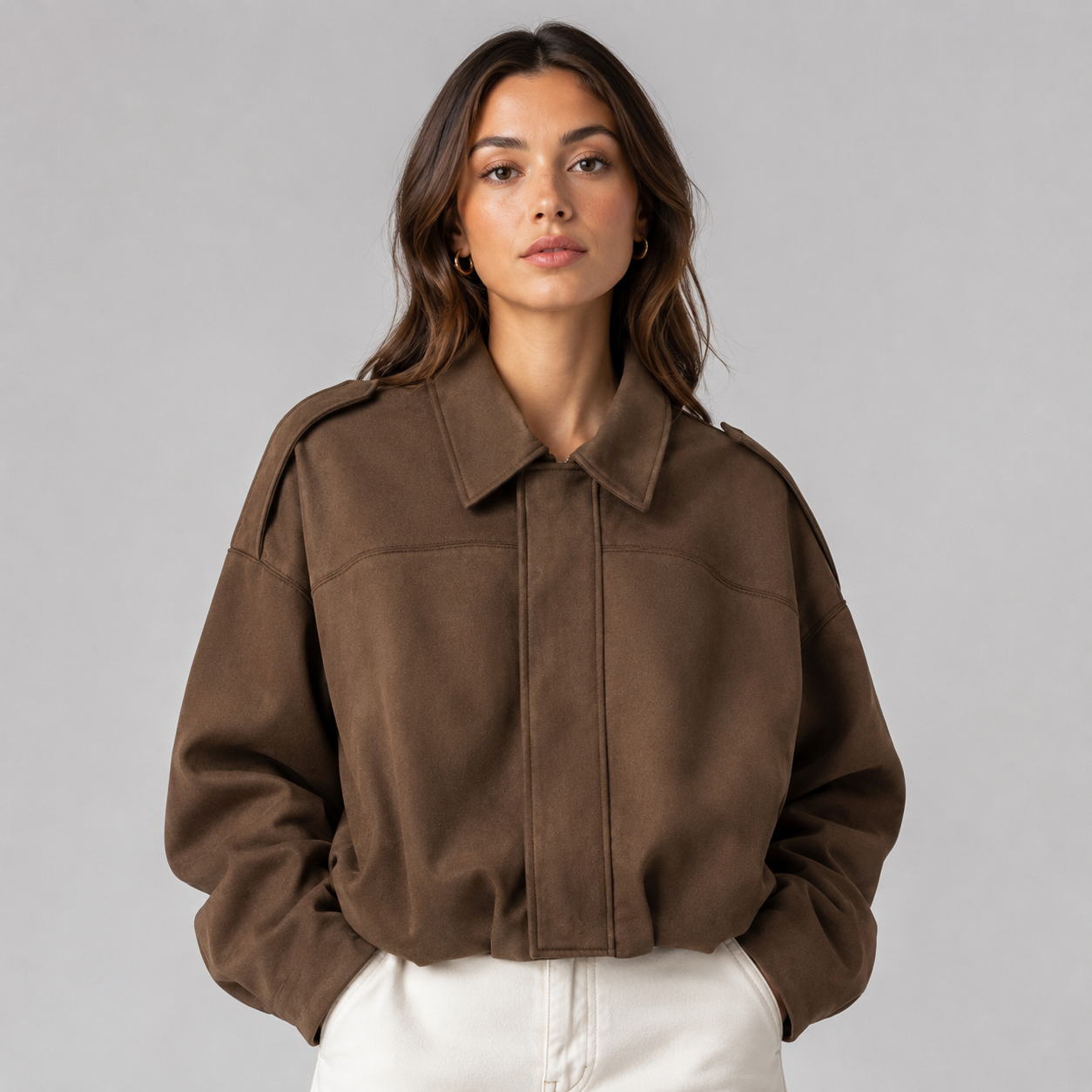 Women's faux suede bomber jacket with fold-over collar - view 4