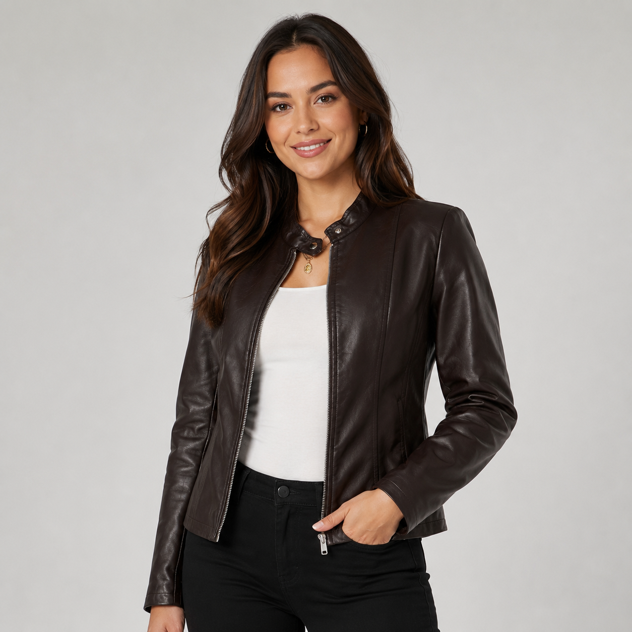 Women's faux leather biker jacket with zip front - view 4