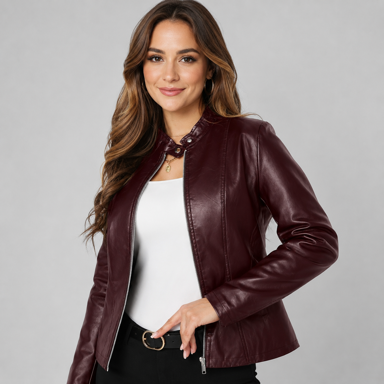 Women's faux leather biker jacket with zip front - view 3
