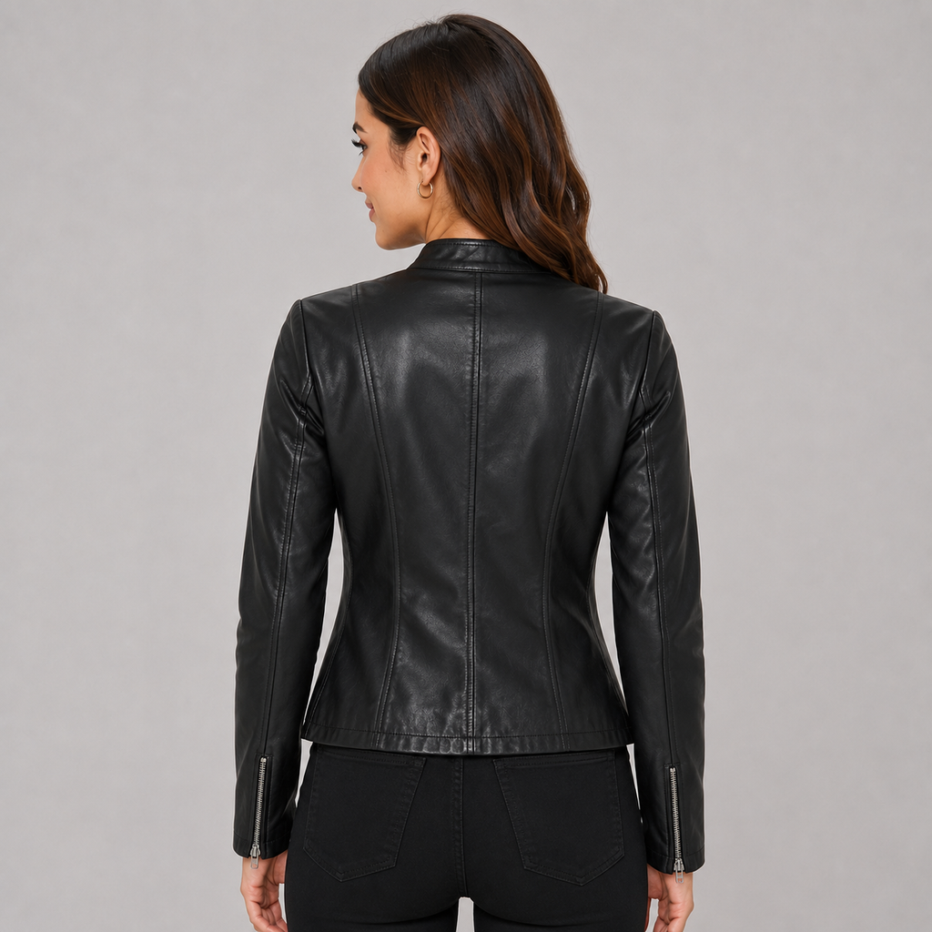Women's faux leather biker jacket with zip front - view 2