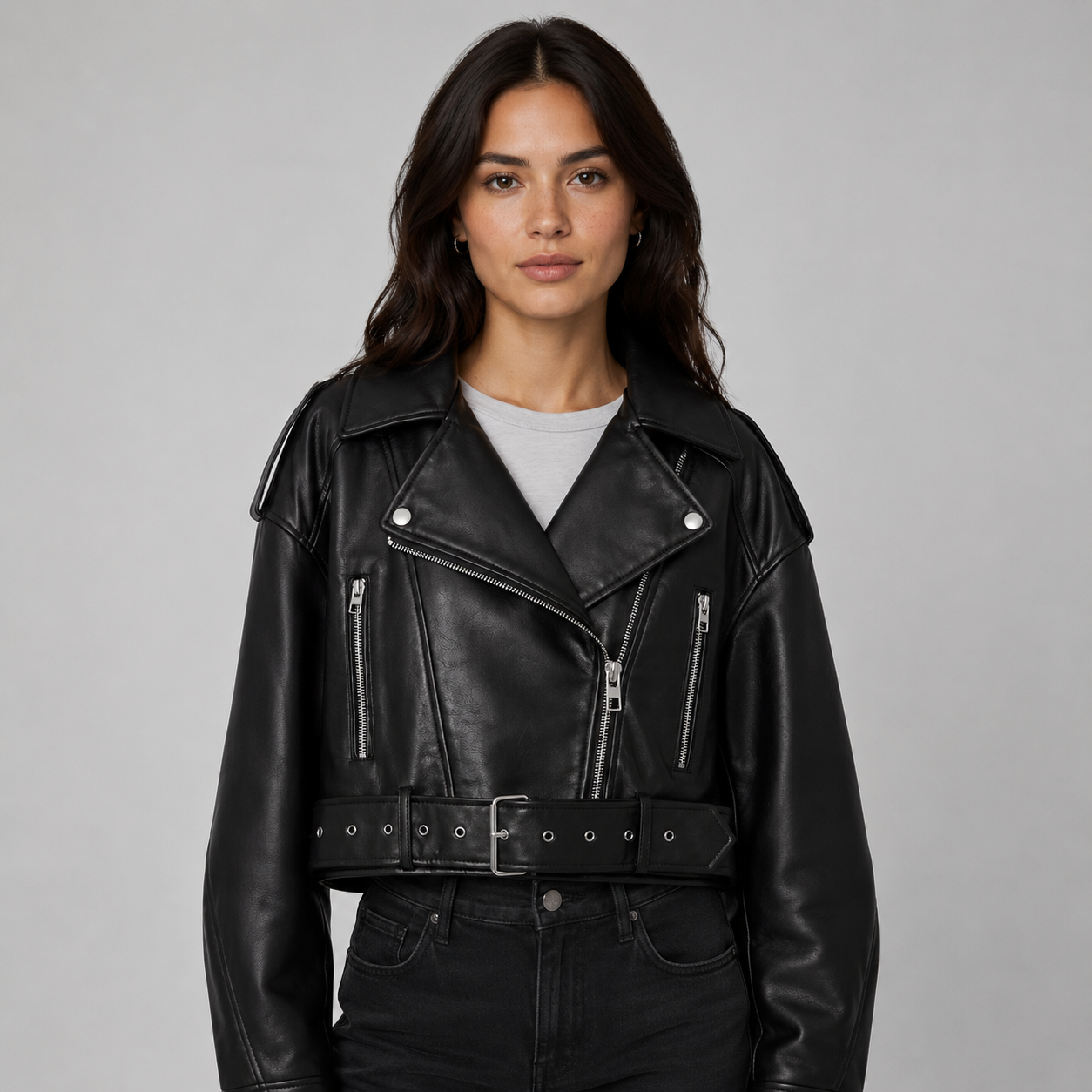 Women's leather-look belted biker jacket