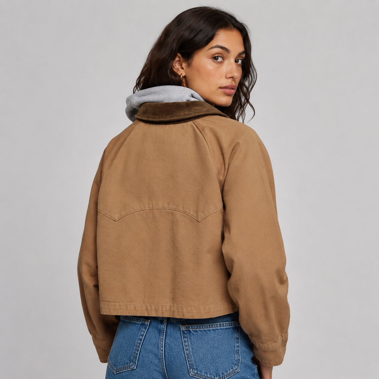 Women's barn jacket with corduroy collar and utility pockets - view 2