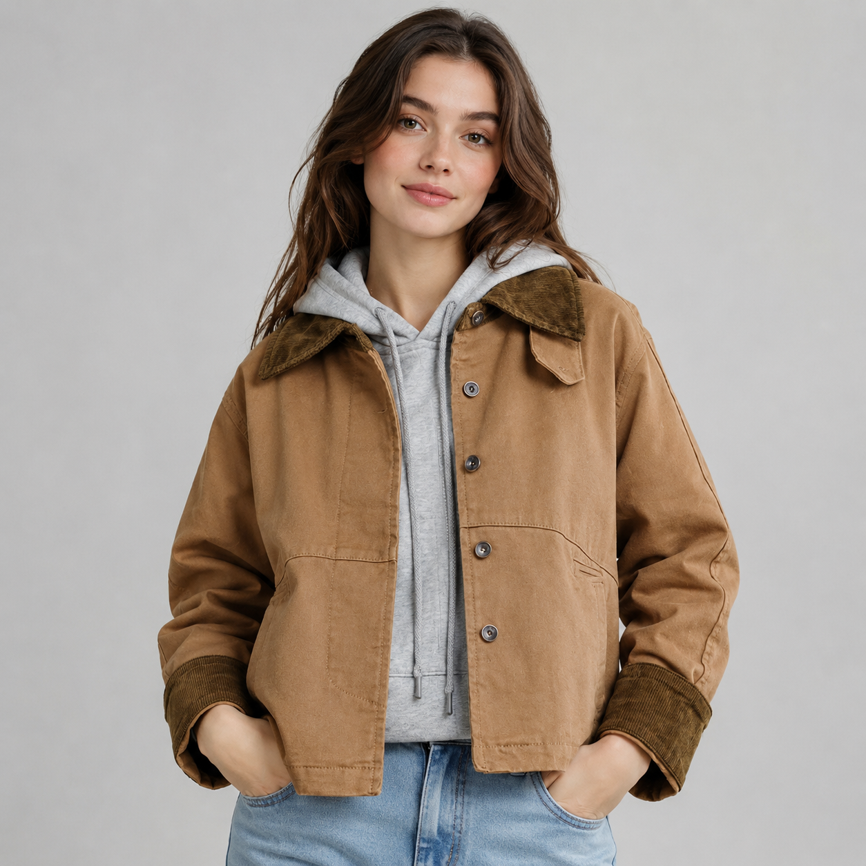 Women's barn jacket with corduroy collar and utility pockets