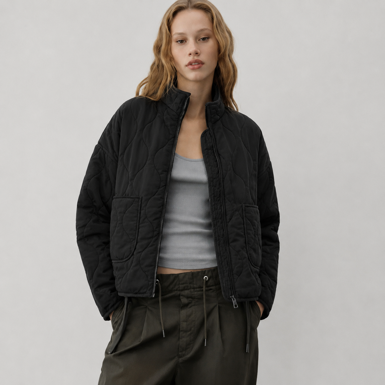 Women's quilted jacket with high collar and patch pockets - view 4