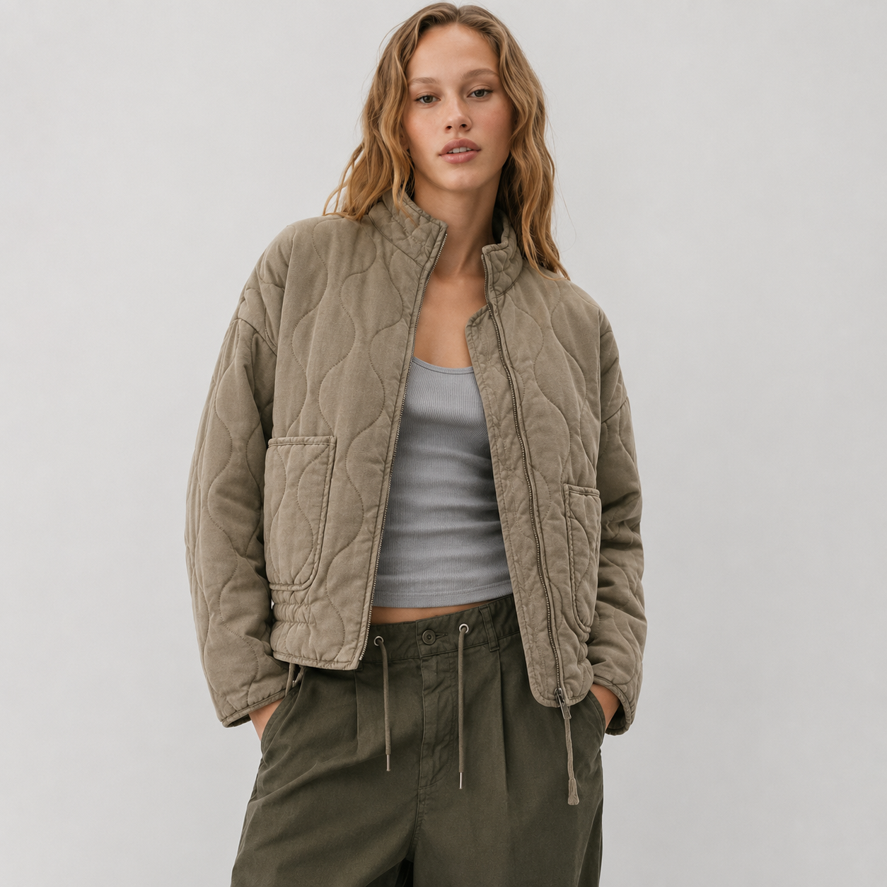 Women's quilted jacket with high collar and patch pockets - view 5