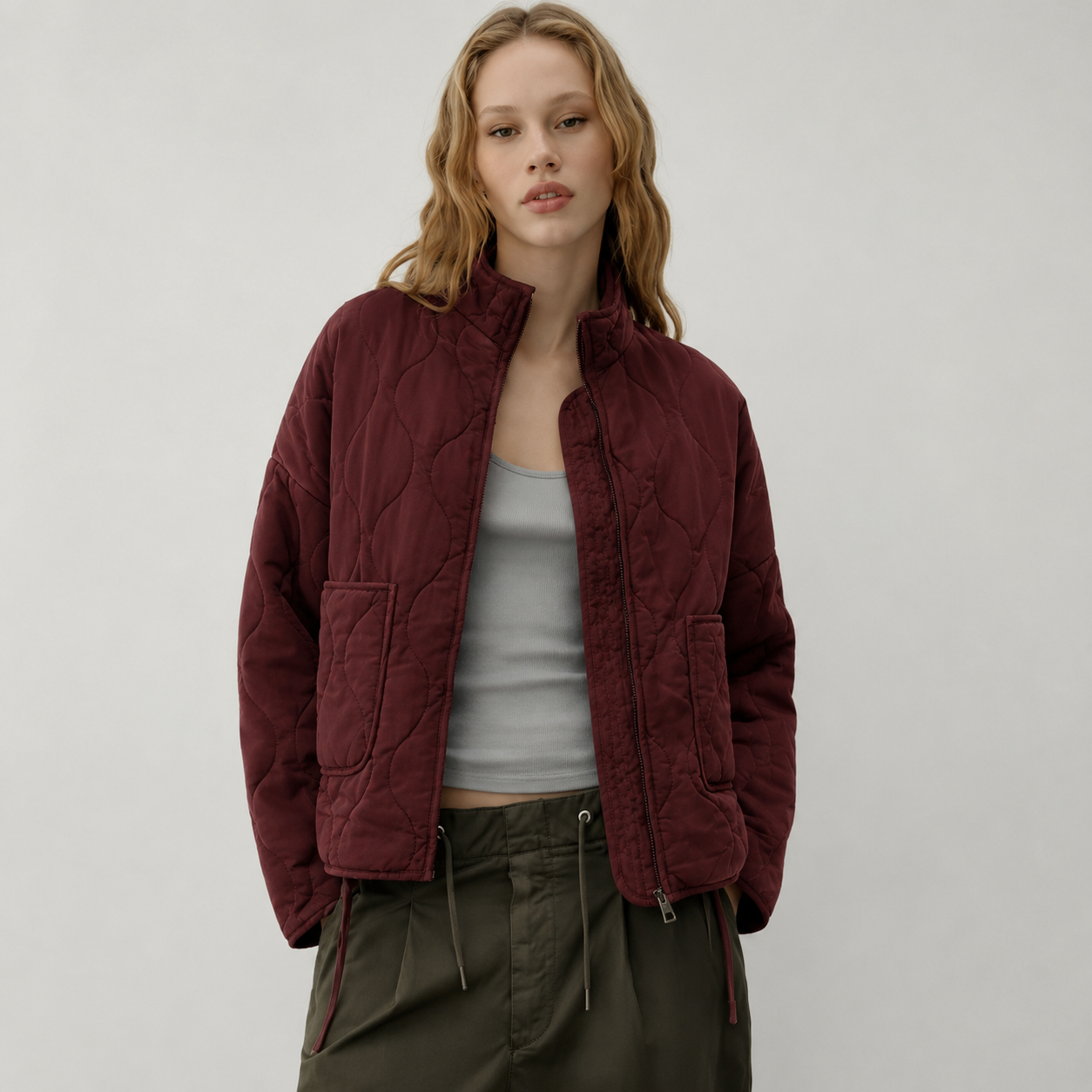 Women's quilted jacket with high collar and patch pockets - view 6