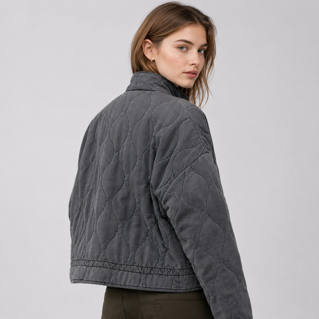 Women's quilted jacket with high collar and patch pockets - view 2