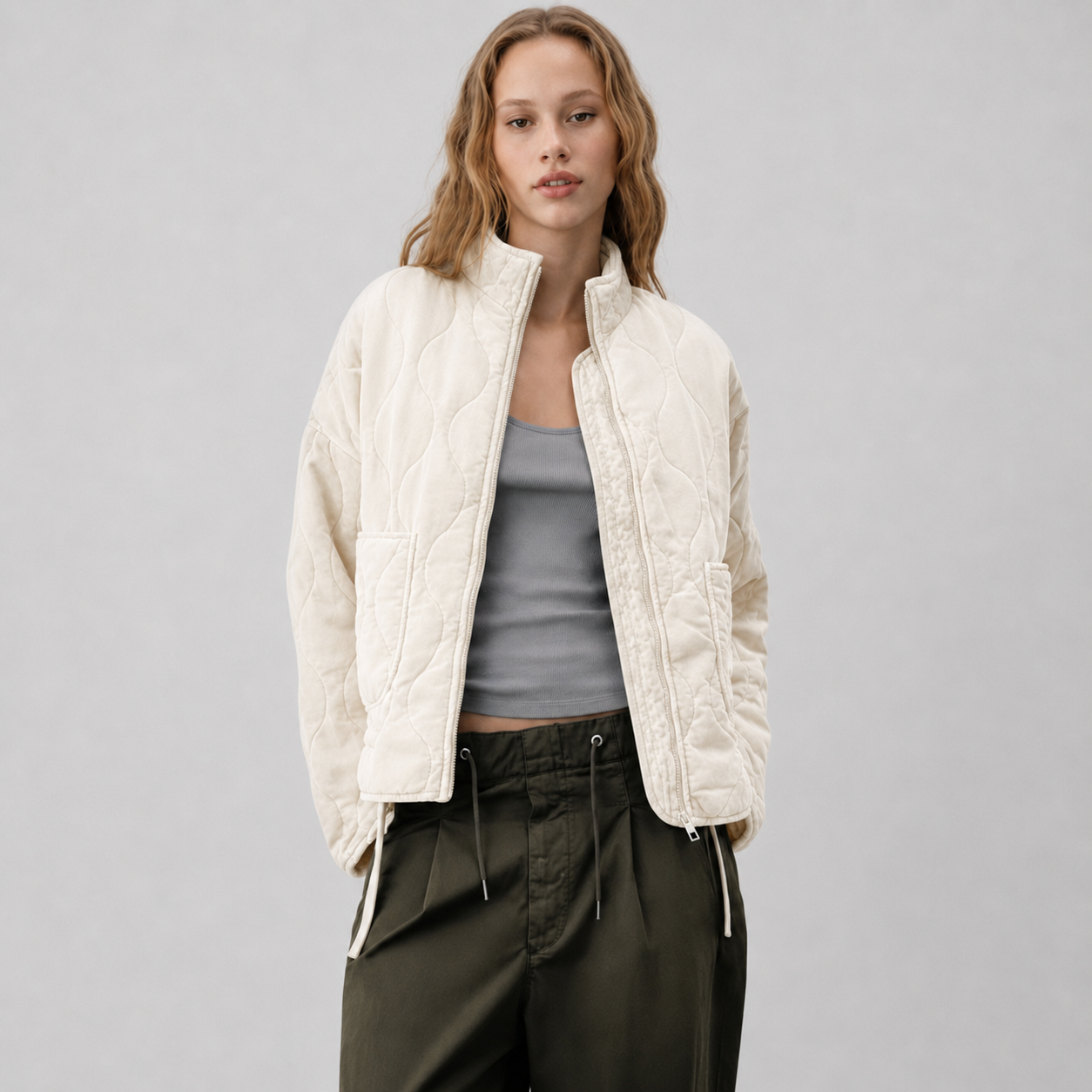 Women's quilted jacket with high collar and patch pockets - view 3