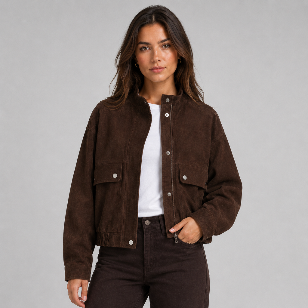 Women's suede-look cropped snap-front jacket