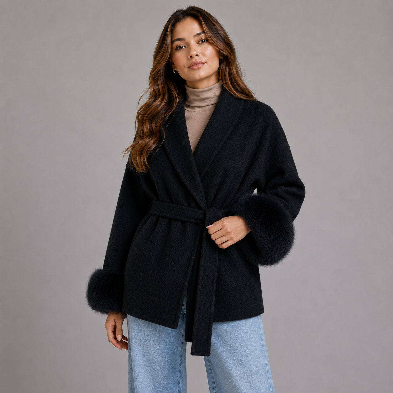 Women's belted wool-blend wrap coat with faux fur trim - view 6