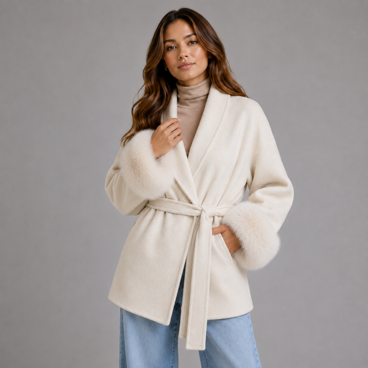 Women's belted wool-blend wrap coat with faux fur trim - view 4