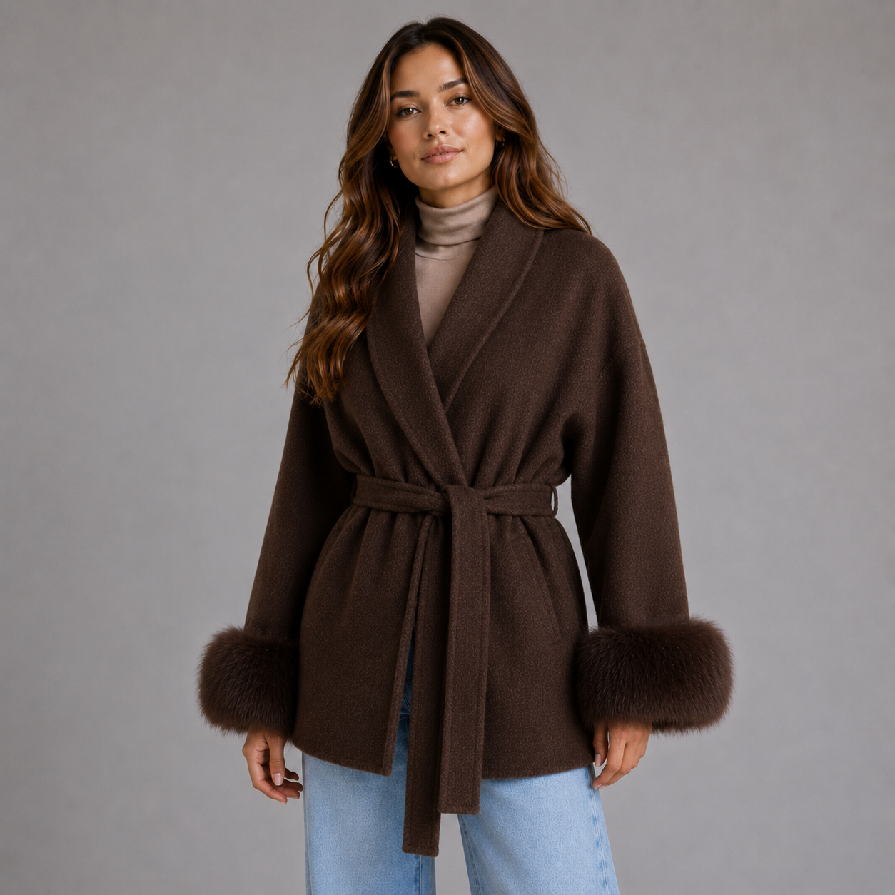 Women's belted wool-blend wrap coat with faux fur trim - view 5