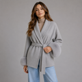 Women's belted wool-blend wrap coat with faux fur trim