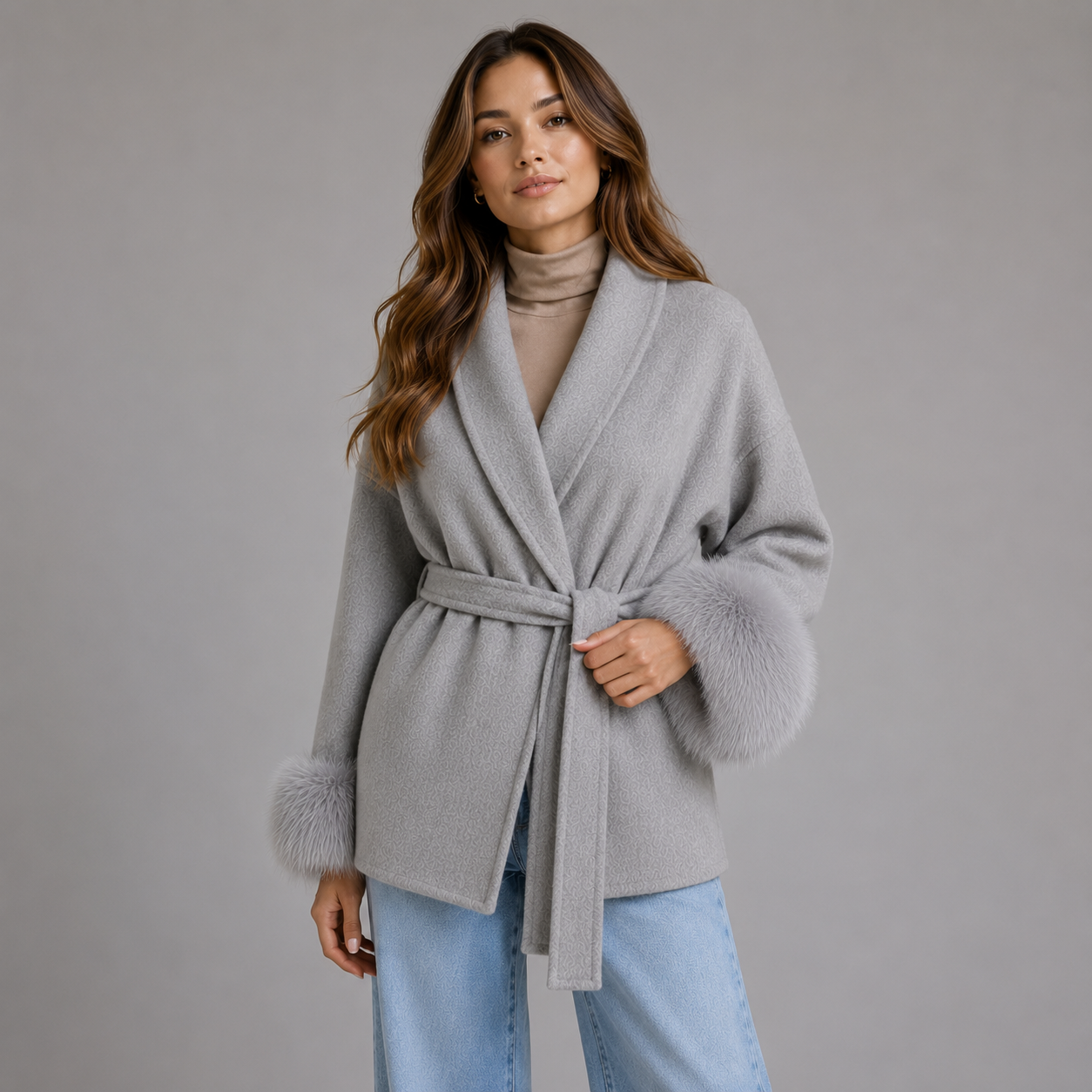 Women's belted wool-blend wrap coat with faux fur trim