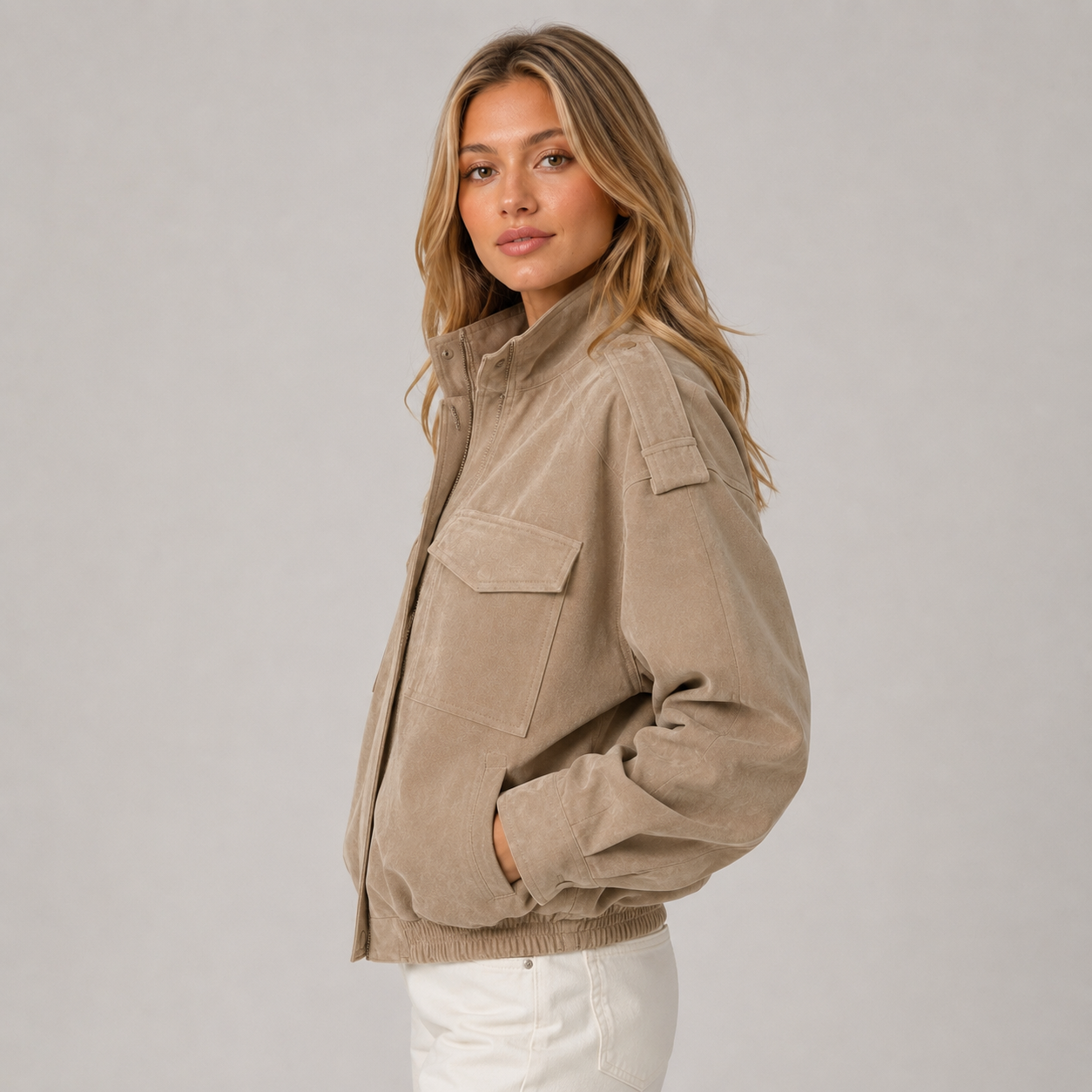 Women's suede-look bomber jacket with pockets - view 3