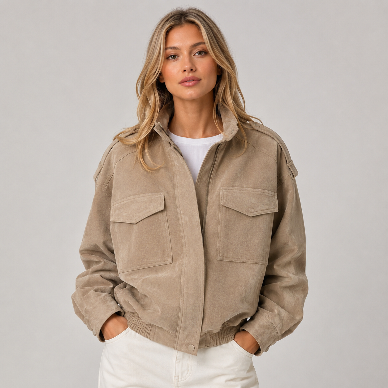 Women's suede-look bomber jacket with pockets