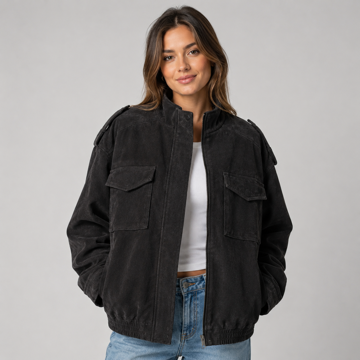 Women's suede-look bomber jacket with pockets - view 4