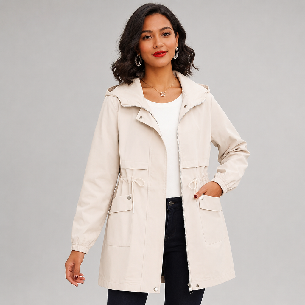 Women's hooded trench coat with drawstring waist