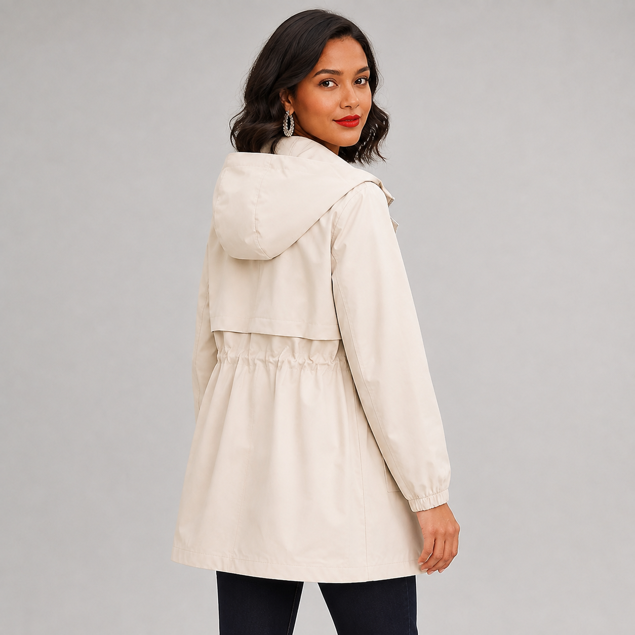 Women's hooded trench coat with drawstring waist - view 5