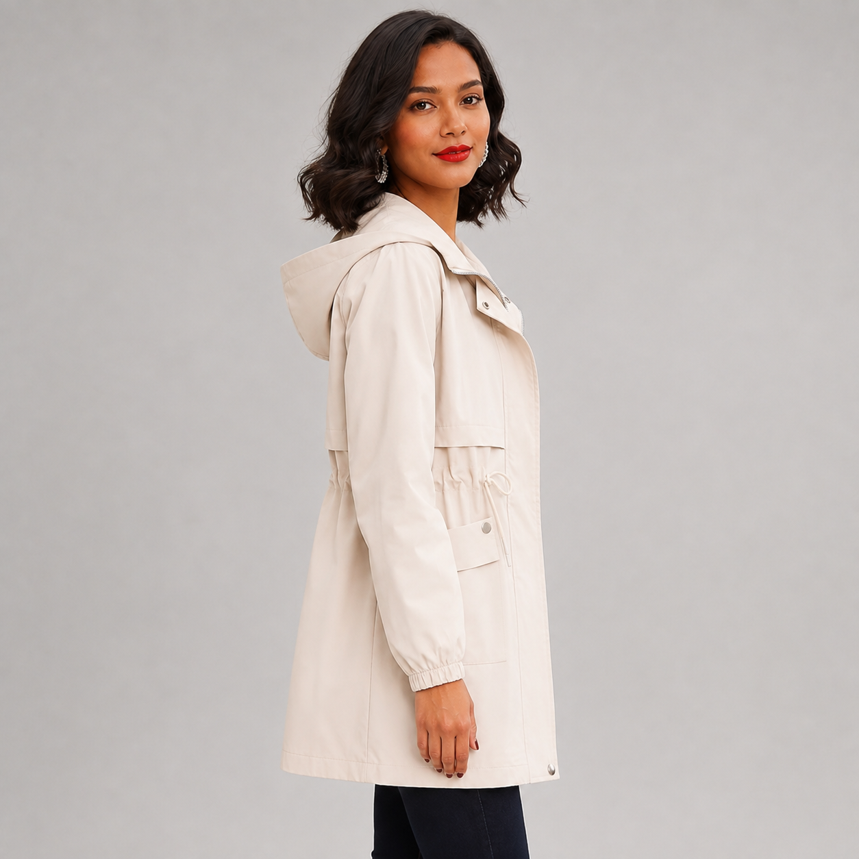 Women's hooded trench coat with drawstring waist - view 7