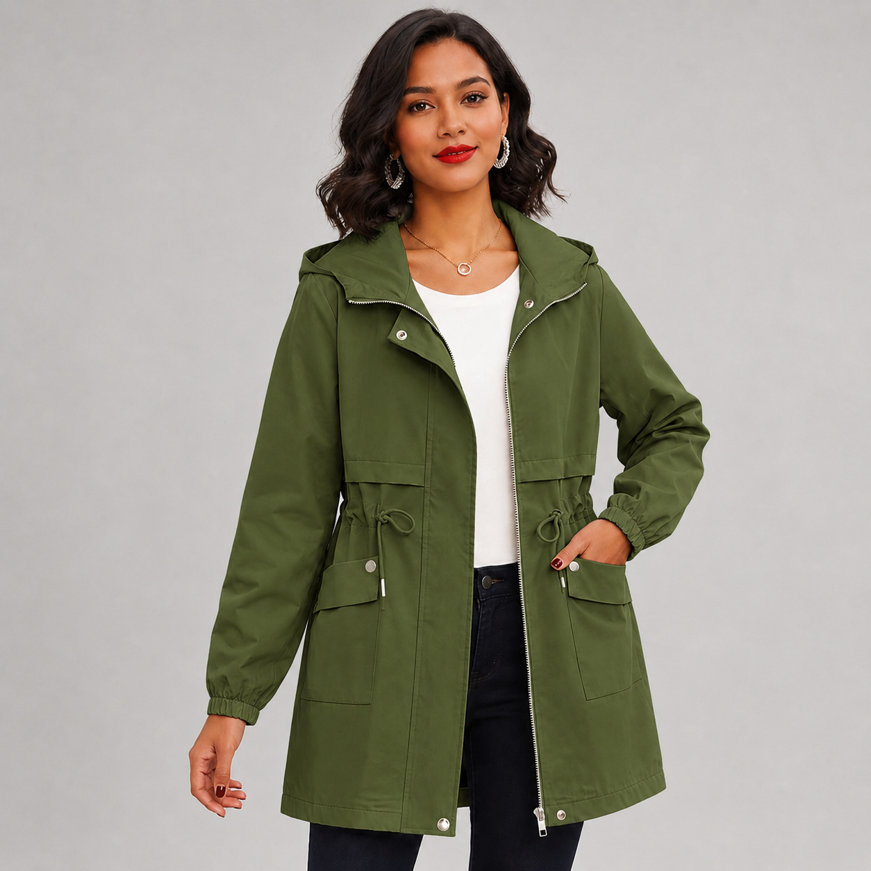 Women's hooded trench coat with drawstring waist - view 4
